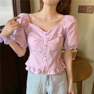 pink puff sleeve yume kawaii sweet lolita sweetheart neck crop top blouse